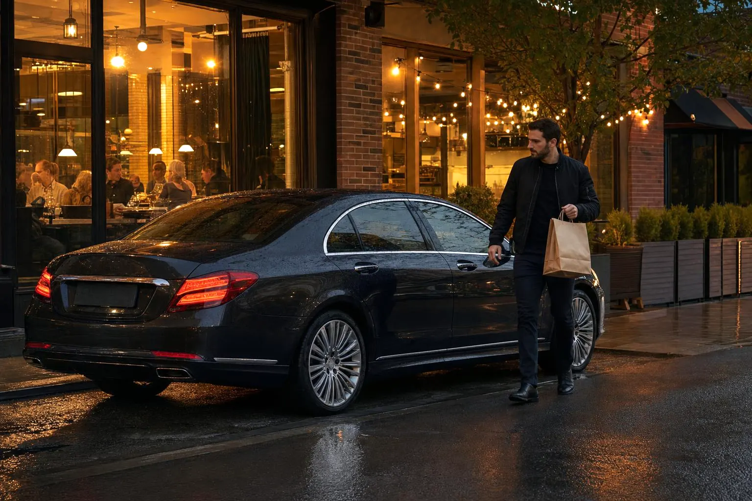 A delivery driver walking back to a parked sedan with a takeout bag outside a warmly lit restaurant
