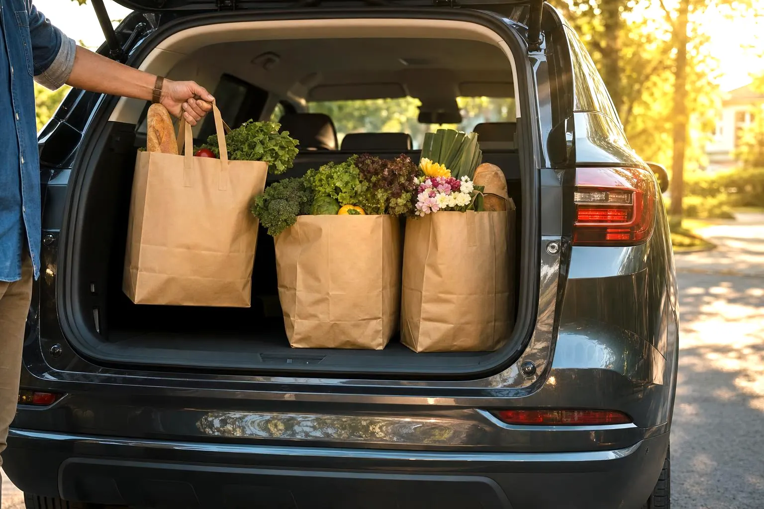 Paper grocery bags with fresh produce and flowers in the open trunk of an SUV at golden hour