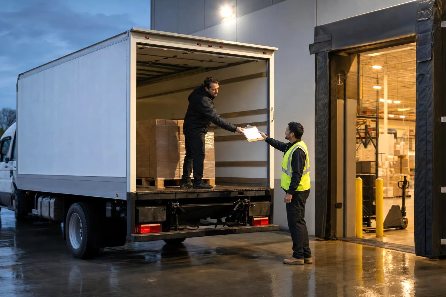 A box truck backed into a lit warehouse loading dock, the driver handing a clipboard to a dock worker