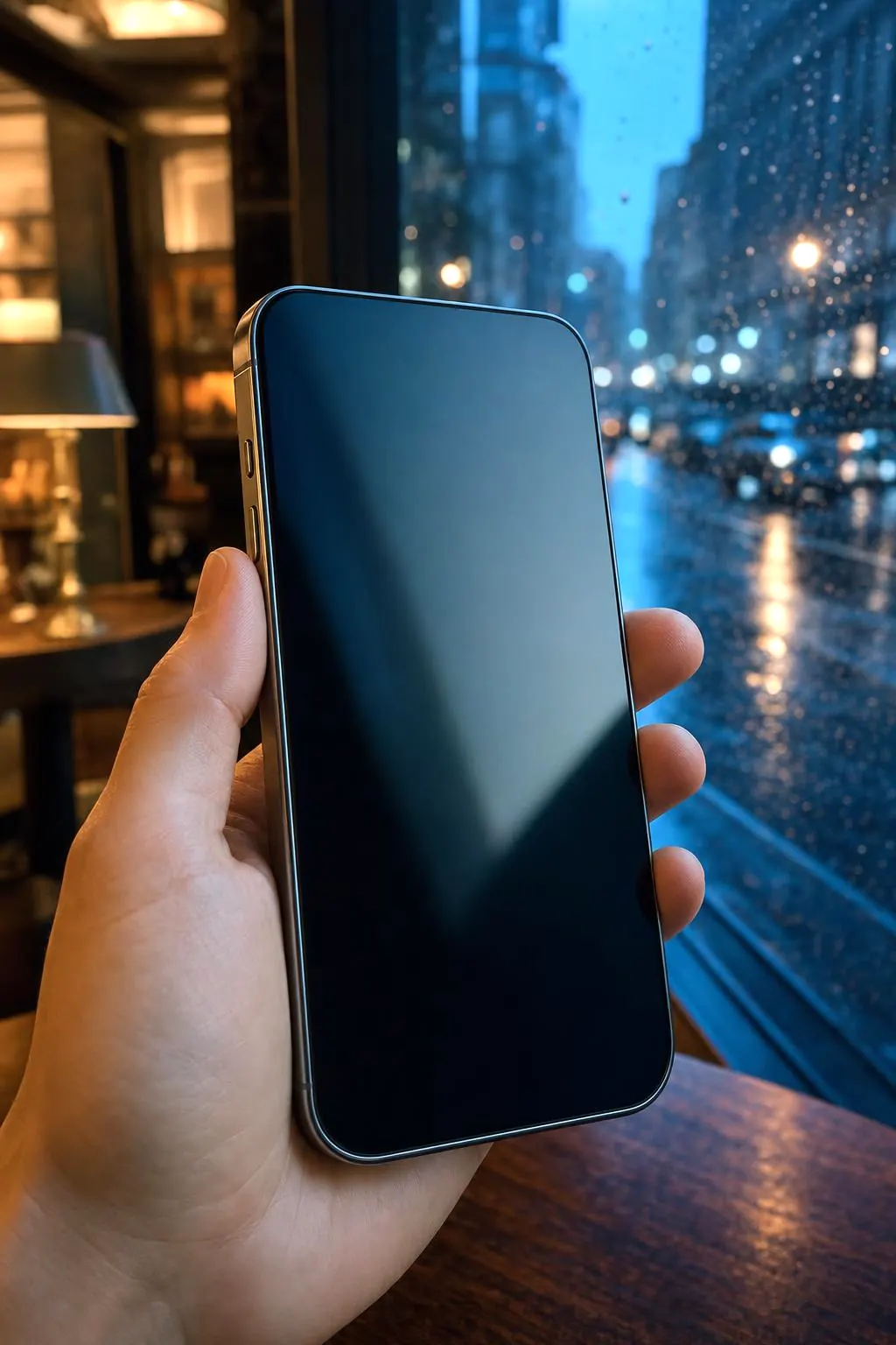 A hand holding a smartphone by a cafe window on a rainy evening, city lights blurred outside
