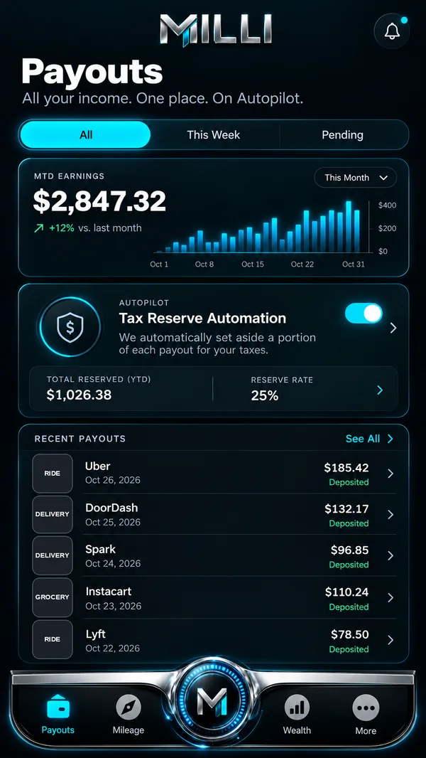 Milli app Payouts screen: tax vault balance, tax reserve settings and recent payouts by app, with demo amounts