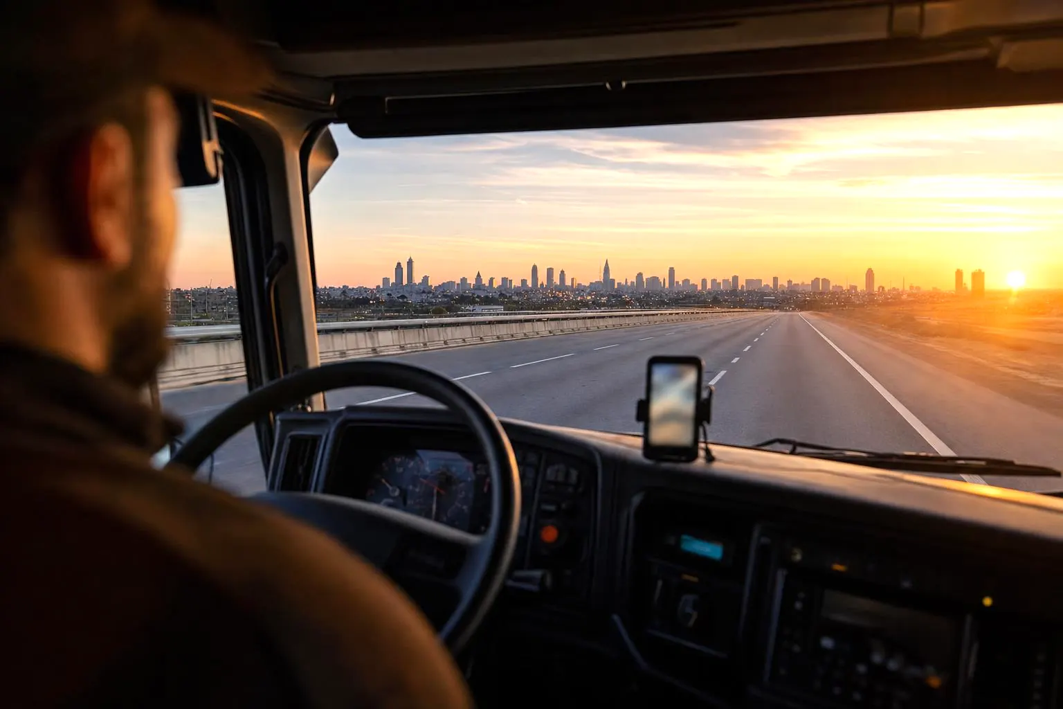 The view from a semi truck cab at dawn, a phone in a dash mount and an open highway toward a skyline